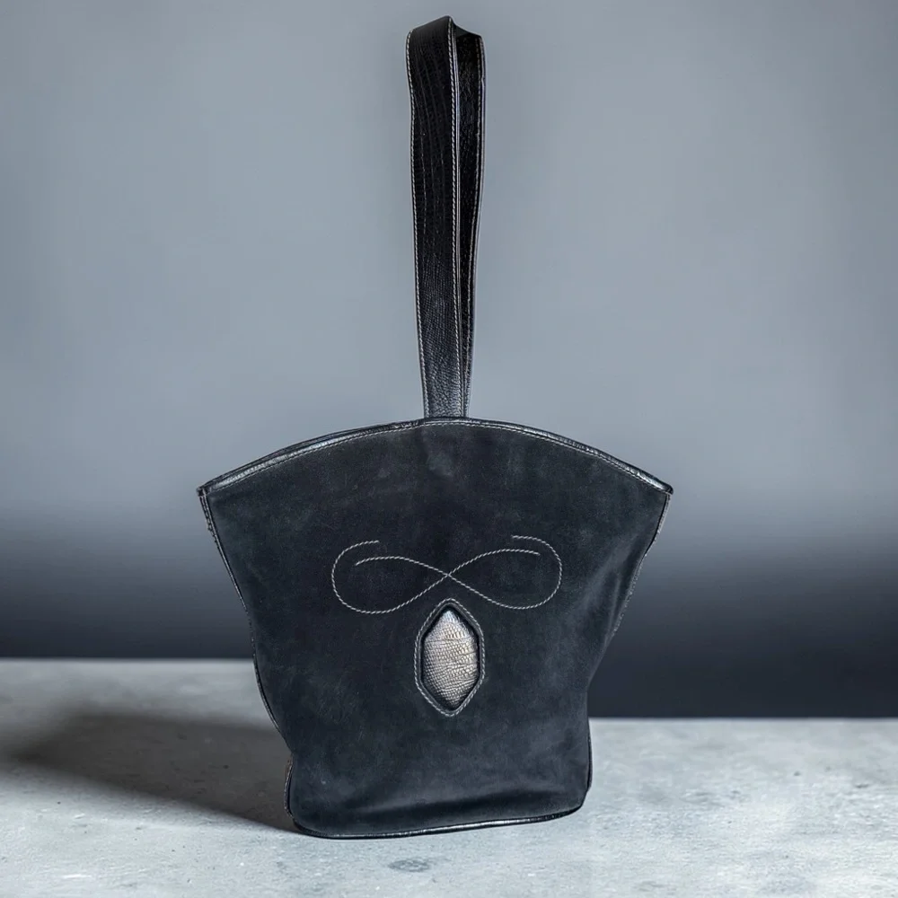 Vintage Roberto Ricci Black Suede Western Bag Stamped Lizard Trim Details